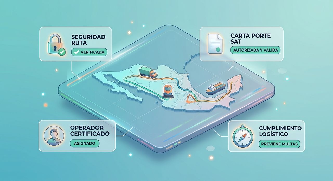 Mapa de México mostrando ruta de transporte con Carta Porte SAT autorizada, ruta verificada, operador certificado y cumplimiento logístico que previene multas