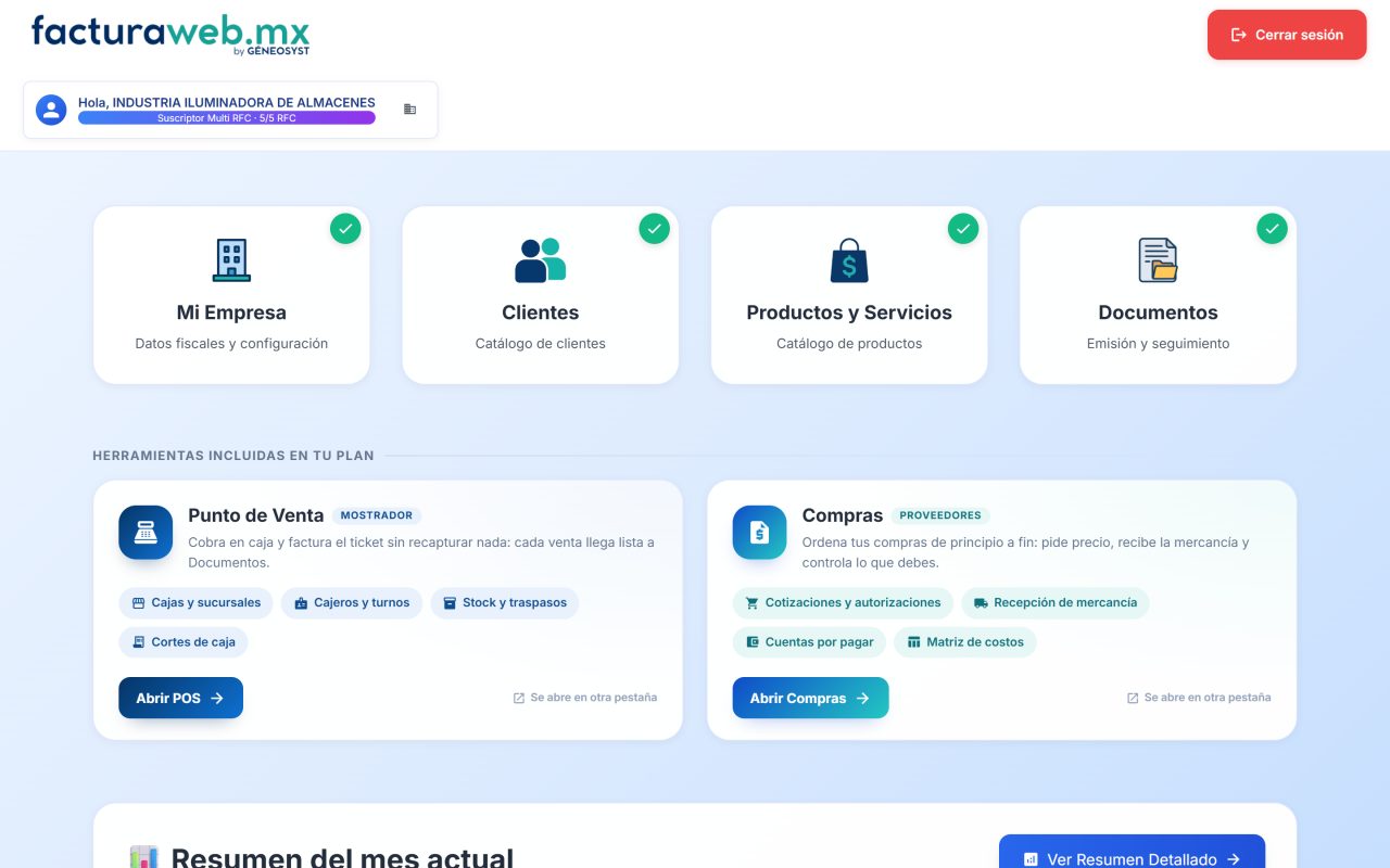 Panel de Factura Web: accesos a Mi Empresa, Clientes, Productos y Documentos, con el Punto de Venta y el módulo de Compras incluidos en el plan