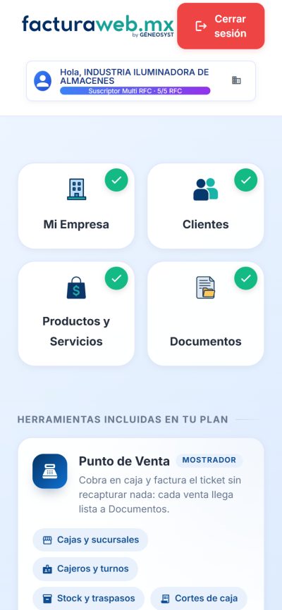 Panel de Factura Web en un teléfono: los accesos se acomodan en dos columnas y las herramientas incluidas siguen a la vista