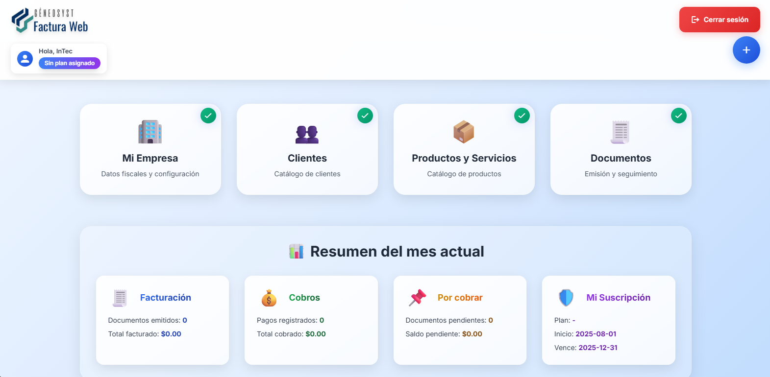 Vista del panel de facturación electrónica en escritorio