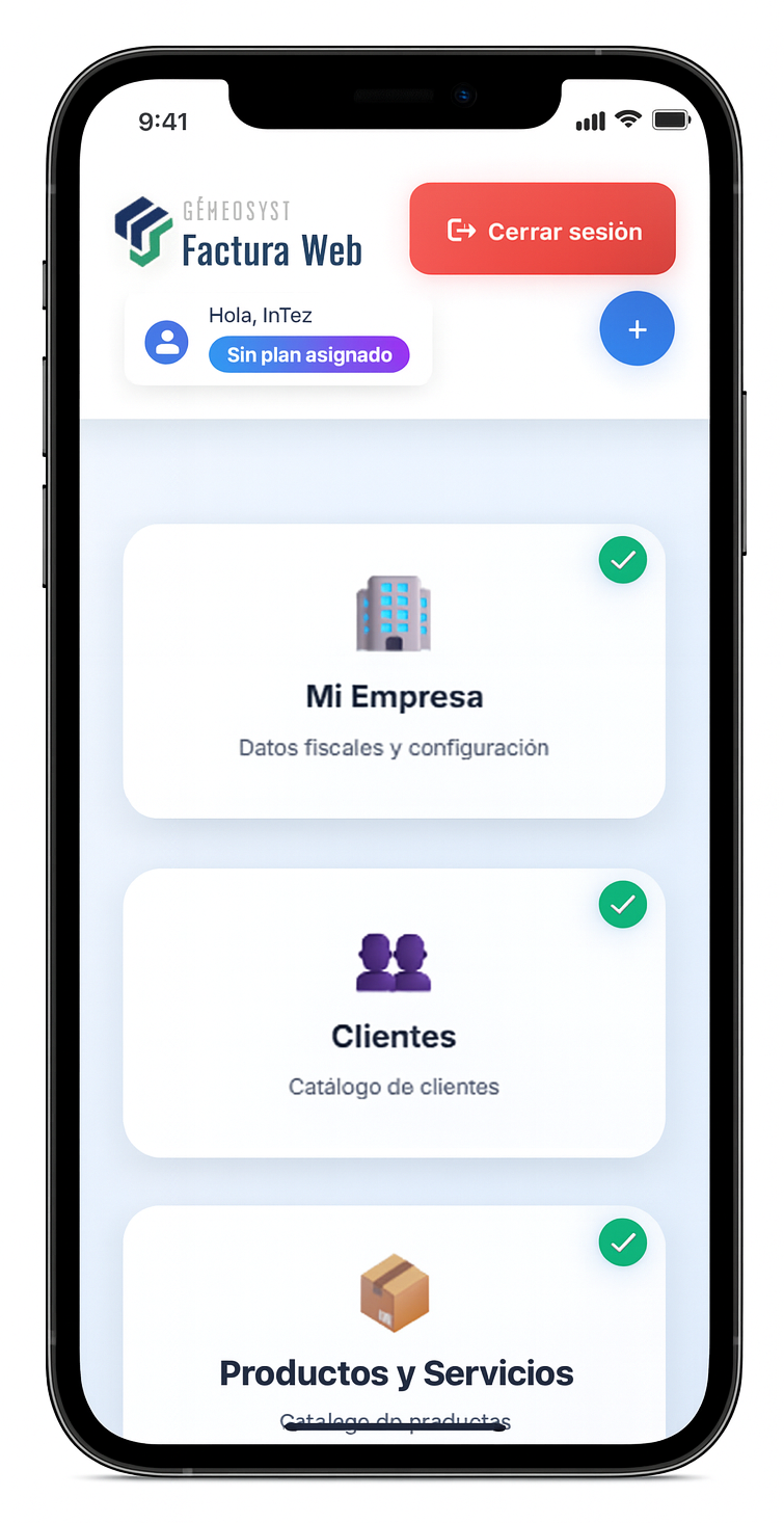Interfaz móvil del sistema de facturación Factura Web