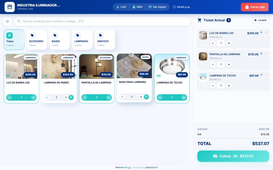 Terminal de punto de venta de Factura Web con tres productos en el ticket, subtotal, IVA desglosado y el botón de cobrar